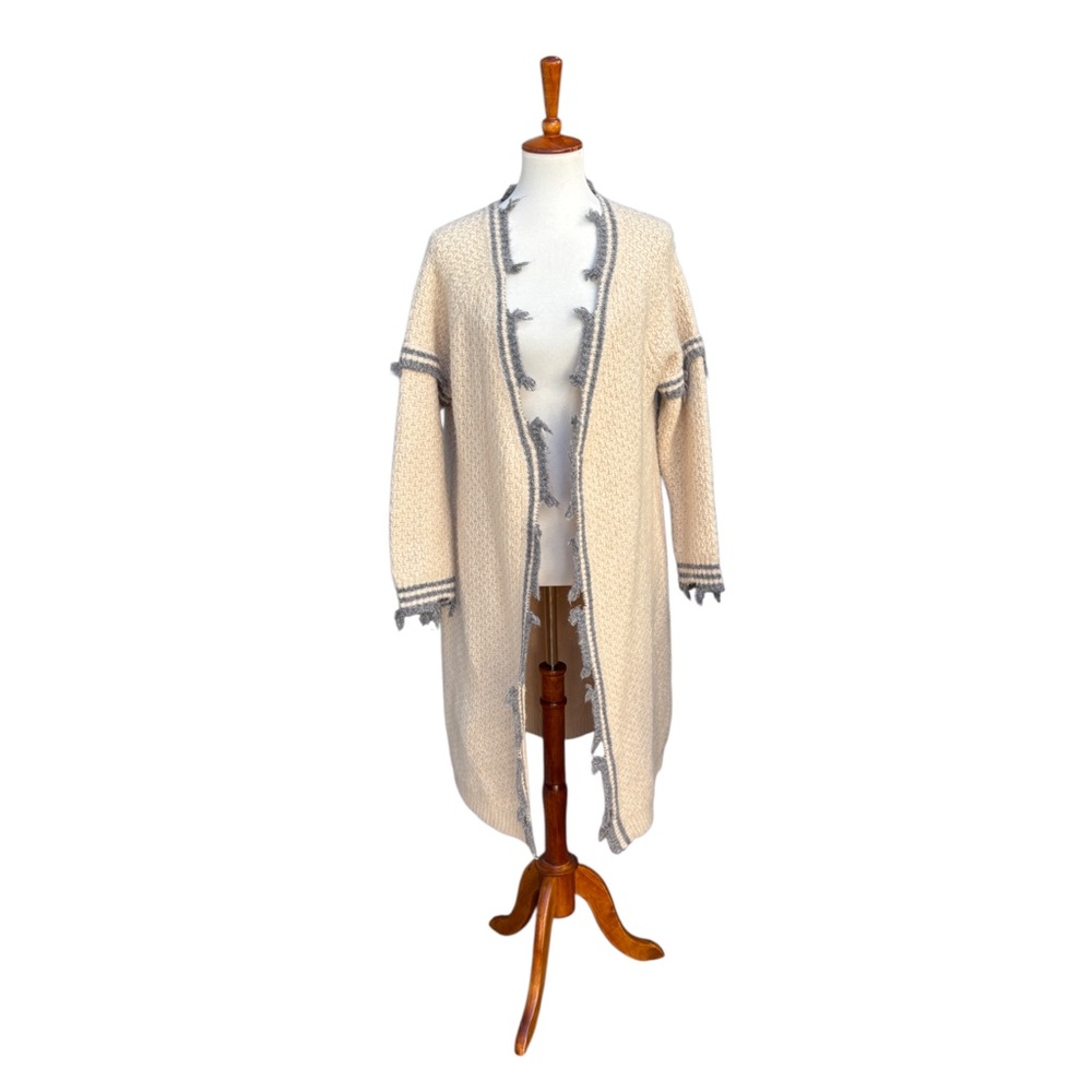 POL Women’s L Cream & Gray Distressed Ripped Bohemian Long Cardigan Sweater